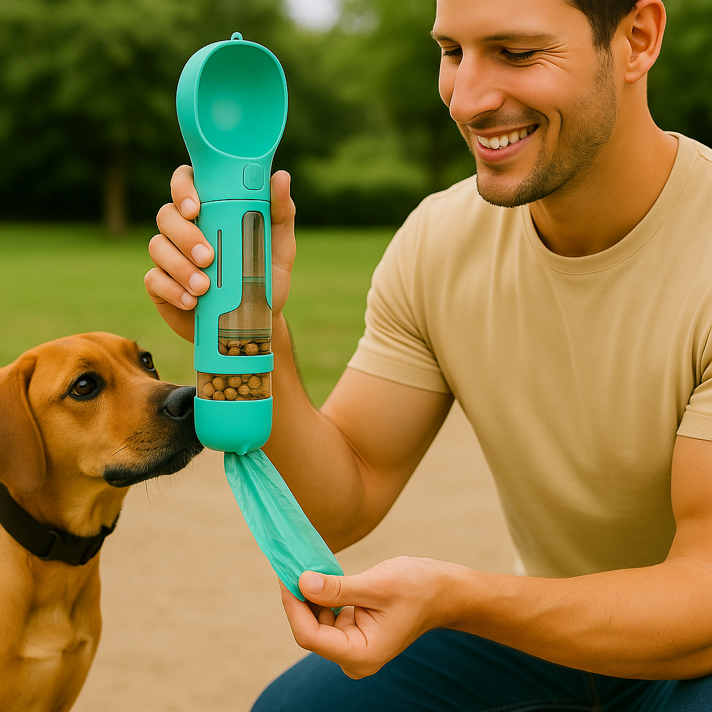 Botella Dispensadora 3 en 1 para Mascotas (Agua, Comida y Bolsas en un sólo accesorio)