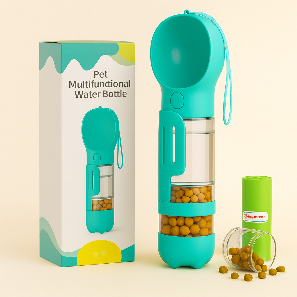 Botella Dispensadora 3 en 1 para Mascotas (Agua, Comida y Bolsas en un sólo accesorio)
