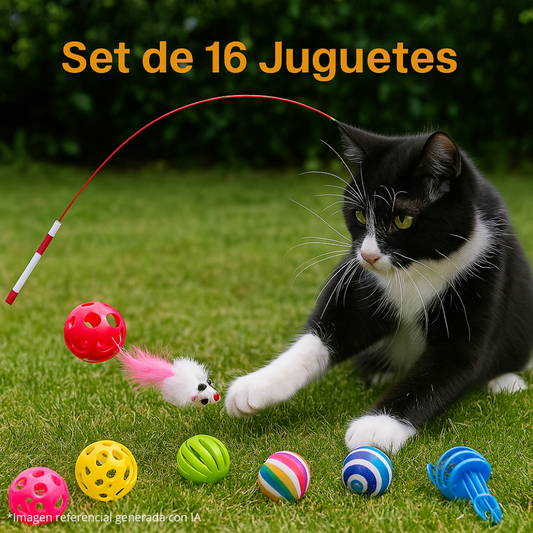 Set de 16 Juguetes Interactivos para Gato – Plumas, Pelotas y Ratones