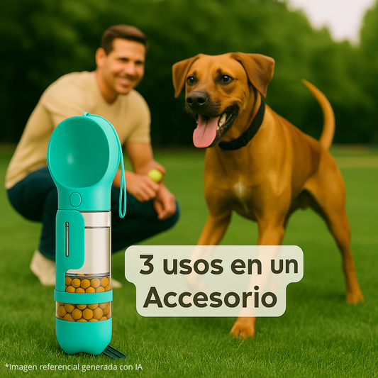 Botella Dispensadora 3 en 1 para Mascotas (Agua, Comida y Bolsas en un sólo accesorio)